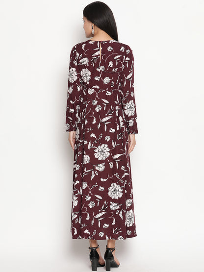 Floral Printed Long Sleeve Crepe Maxi Dress