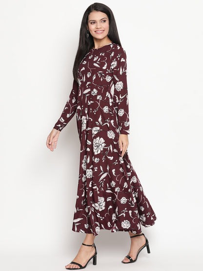 Floral Printed Long Sleeve Crepe Maxi Dress