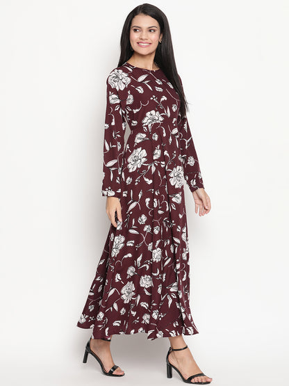 Floral Printed Long Sleeve Crepe Maxi Dress