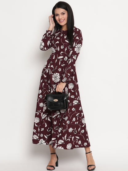 Floral Printed Long Sleeve Crepe Maxi Dress