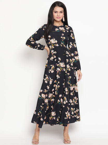 Floral Printed Long Sleeve Crepe Maxi Dress