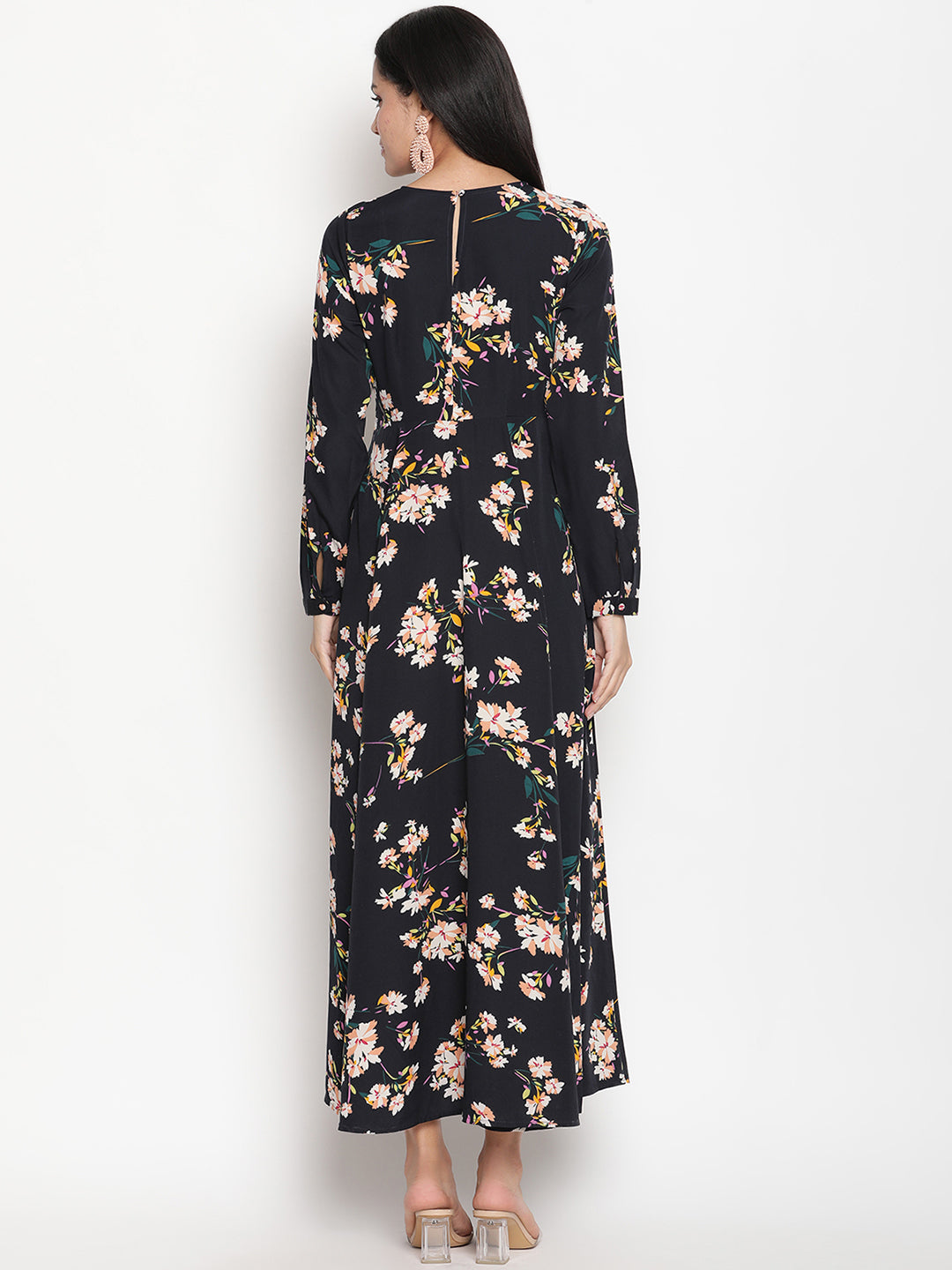 Floral Printed Long Sleeve Crepe Maxi Dress