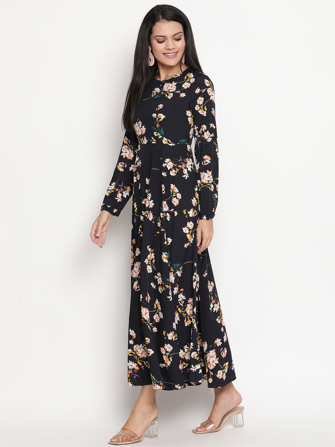 Floral Printed Long Sleeve Crepe Maxi Dress