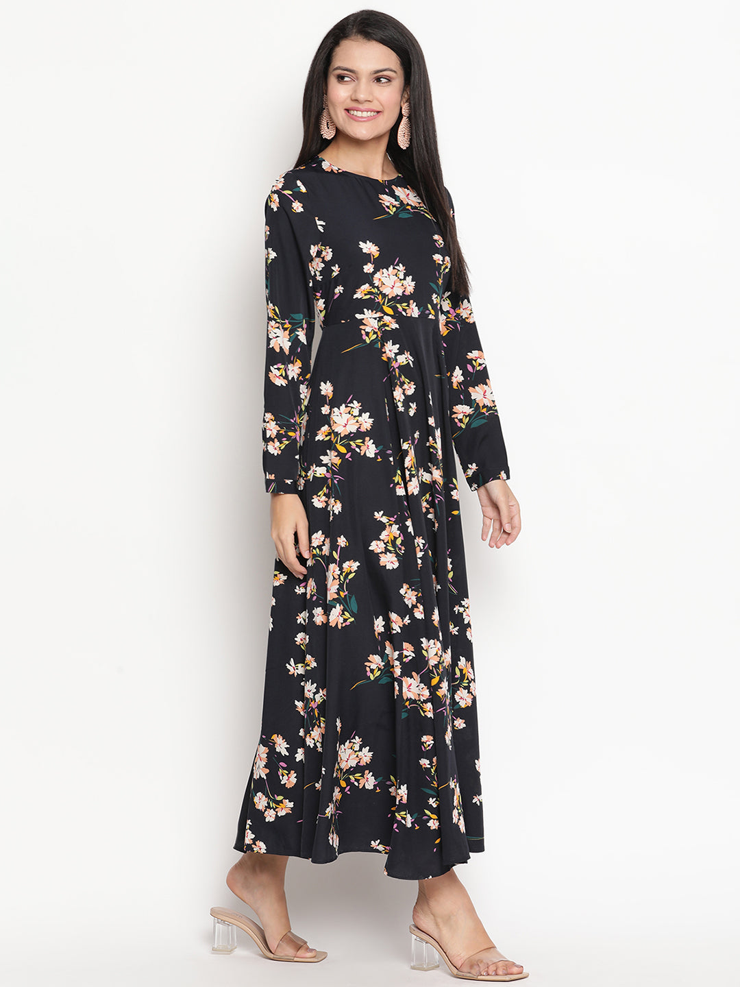 Floral Printed Long Sleeve Crepe Maxi Dress