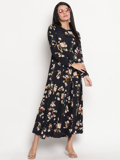 Floral Printed Long Sleeve Crepe Maxi Dress