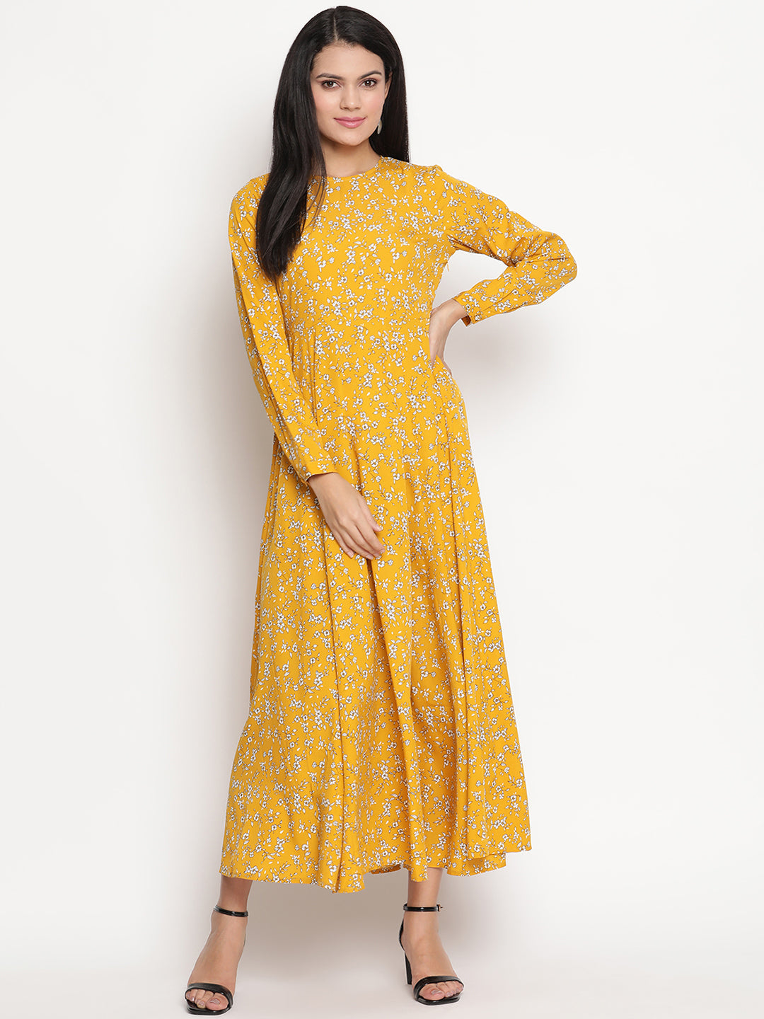 Floral Printed Long Sleeve Crepe Maxi Dress