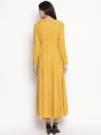 Floral Printed Long Sleeve Crepe Maxi Dress