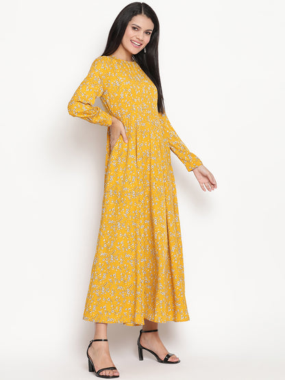 Floral Printed Long Sleeve Crepe Maxi Dress