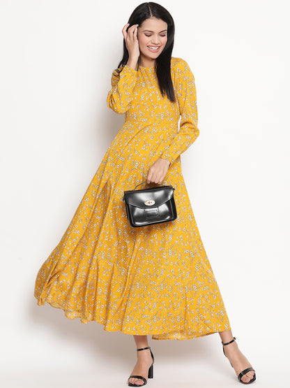 Floral Printed Long Sleeve Crepe Maxi Dress