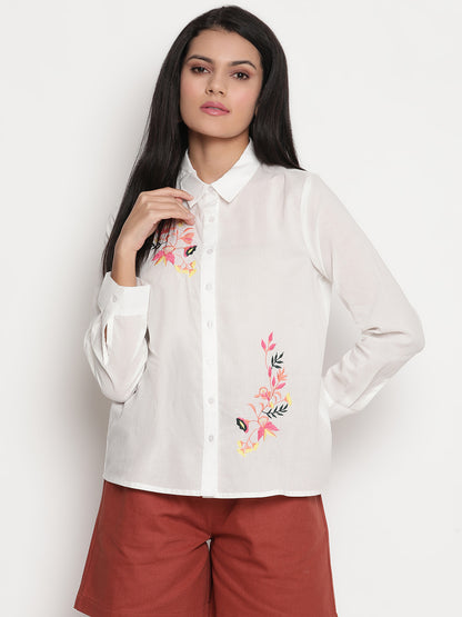 Floral Embroidered Cotton Casual Shirt