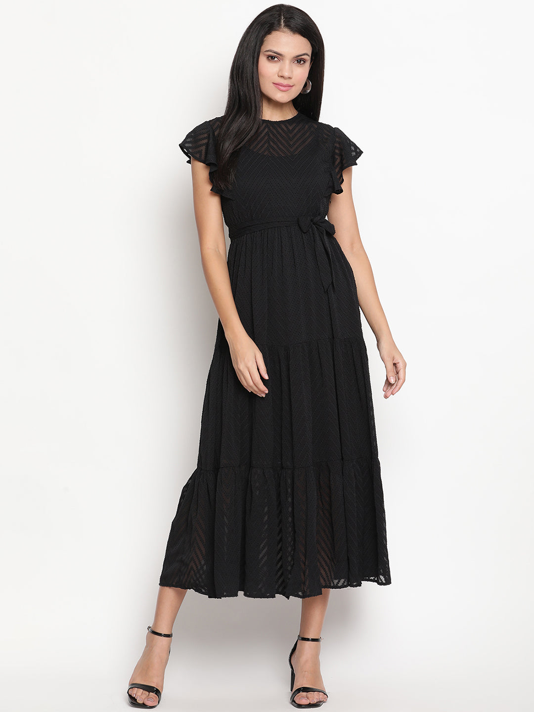 Self Design Flutter Sleeve Georgette Fit & Flare Midi Dress