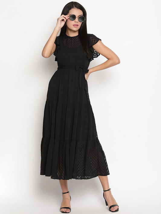 Self Design Flutter Sleeve Georgette Fit & Flare Midi Dress