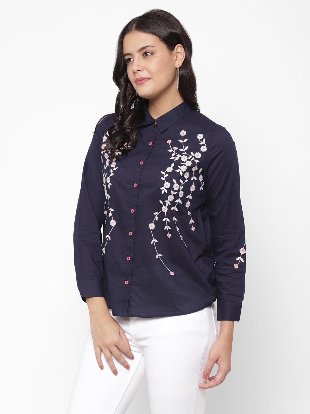 Embroidered Spread Collar Cotton Casual Shirt