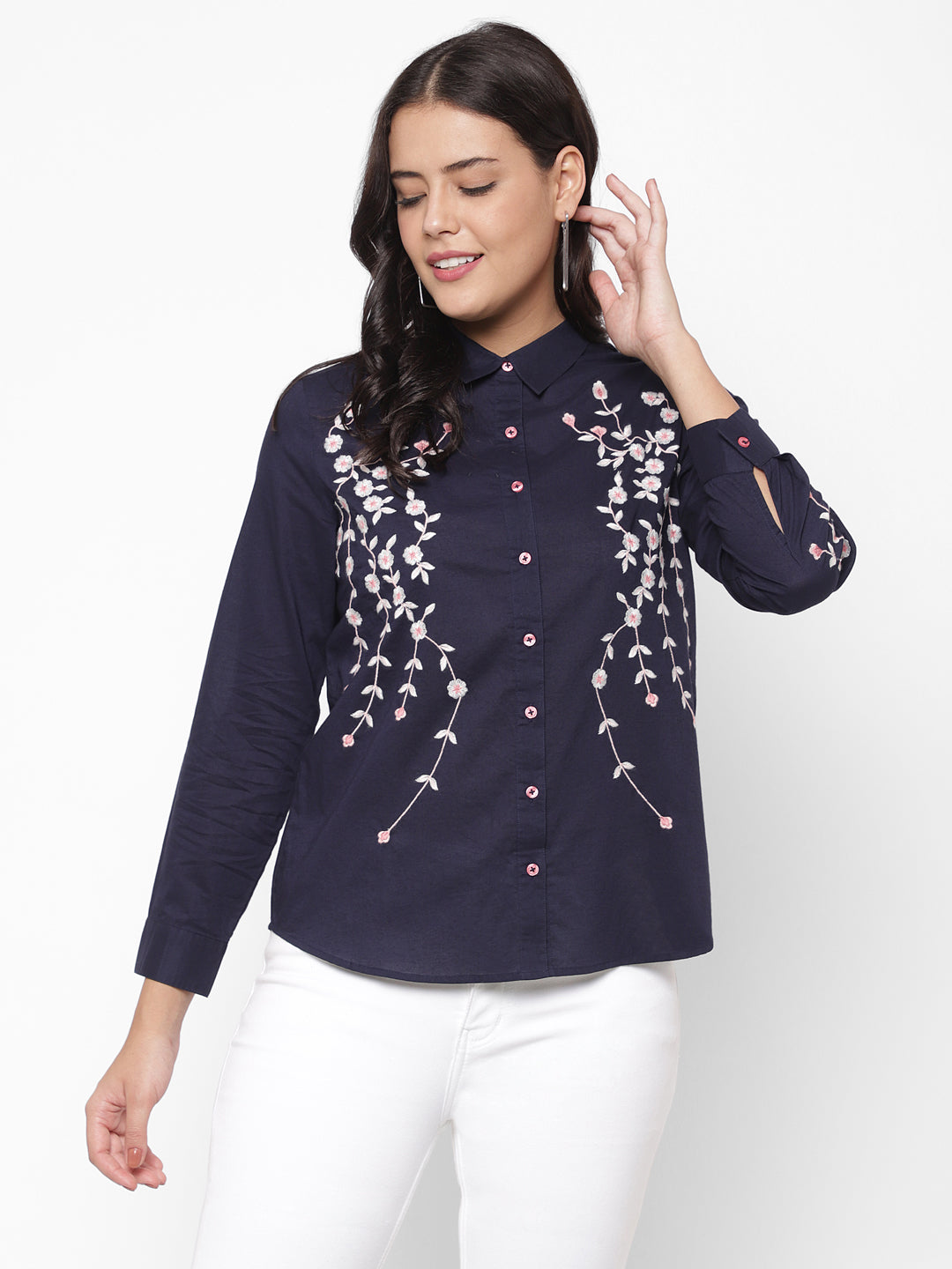 Embroidered Spread Collar Cotton Casual Shirt