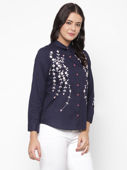 Embroidered Spread Collar Cotton Casual Shirt