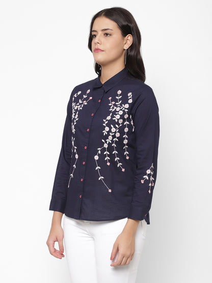 Embroidered Spread Collar Cotton Casual Shirt