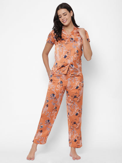 Women Orange & White Printed Night Suit