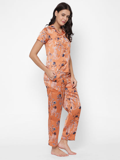 Women Orange & White Printed Night Suit