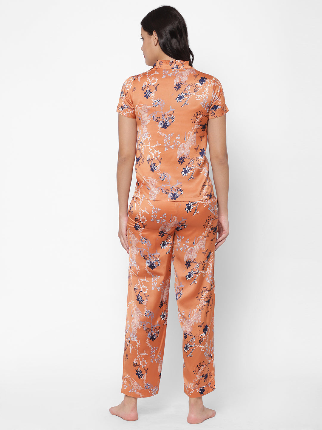 Women Orange & White Printed Night Suit