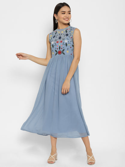 Floral Embroidered Georgette Fit & Flare Midi Dress