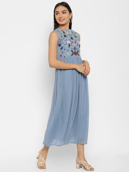 Floral Embroidered Georgette Fit & Flare Midi Dress