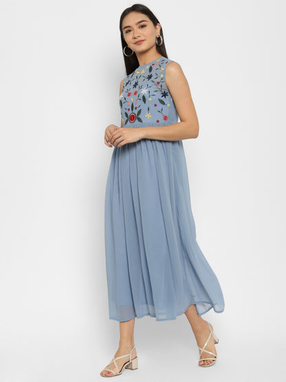 Floral Embroidered Georgette Fit & Flare Midi Dress