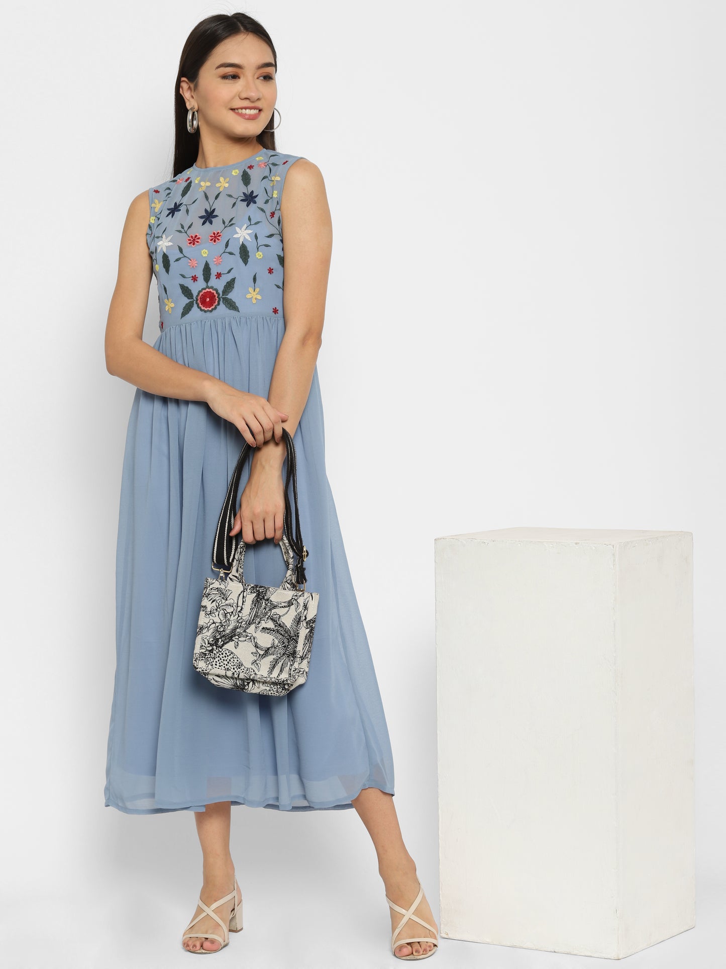 Floral Embroidered Georgette Fit & Flare Midi Dress