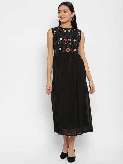 Floral Embroidered Georgette Fit & Flare Midi Dress