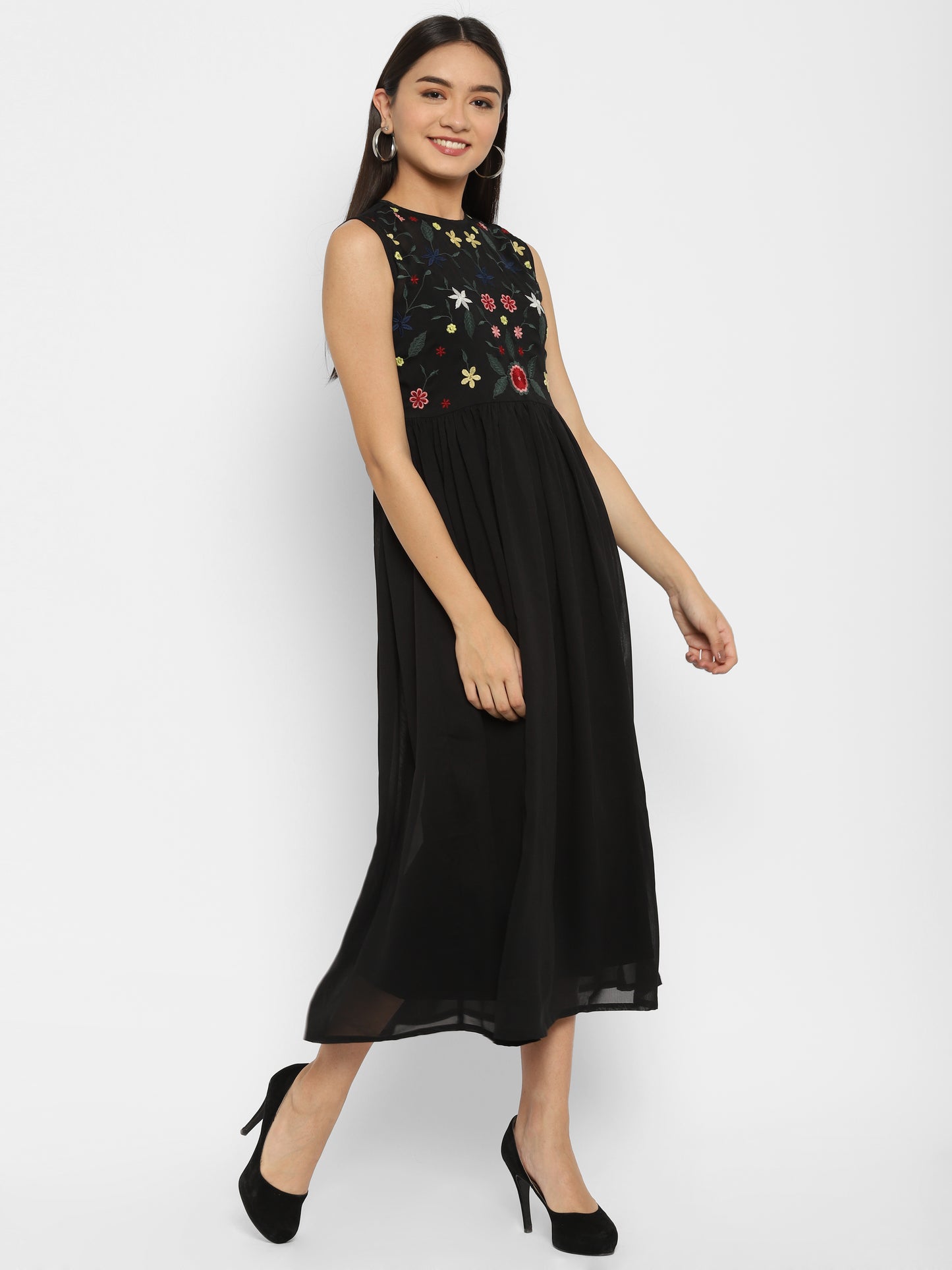 Floral Embroidered Georgette Fit & Flare Midi Dress