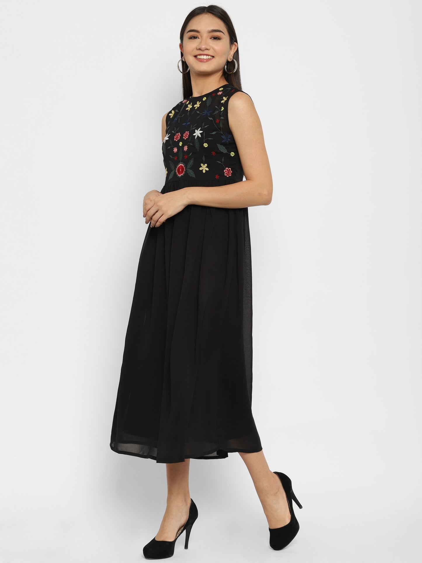 Floral Embroidered Georgette Fit & Flare Midi Dress