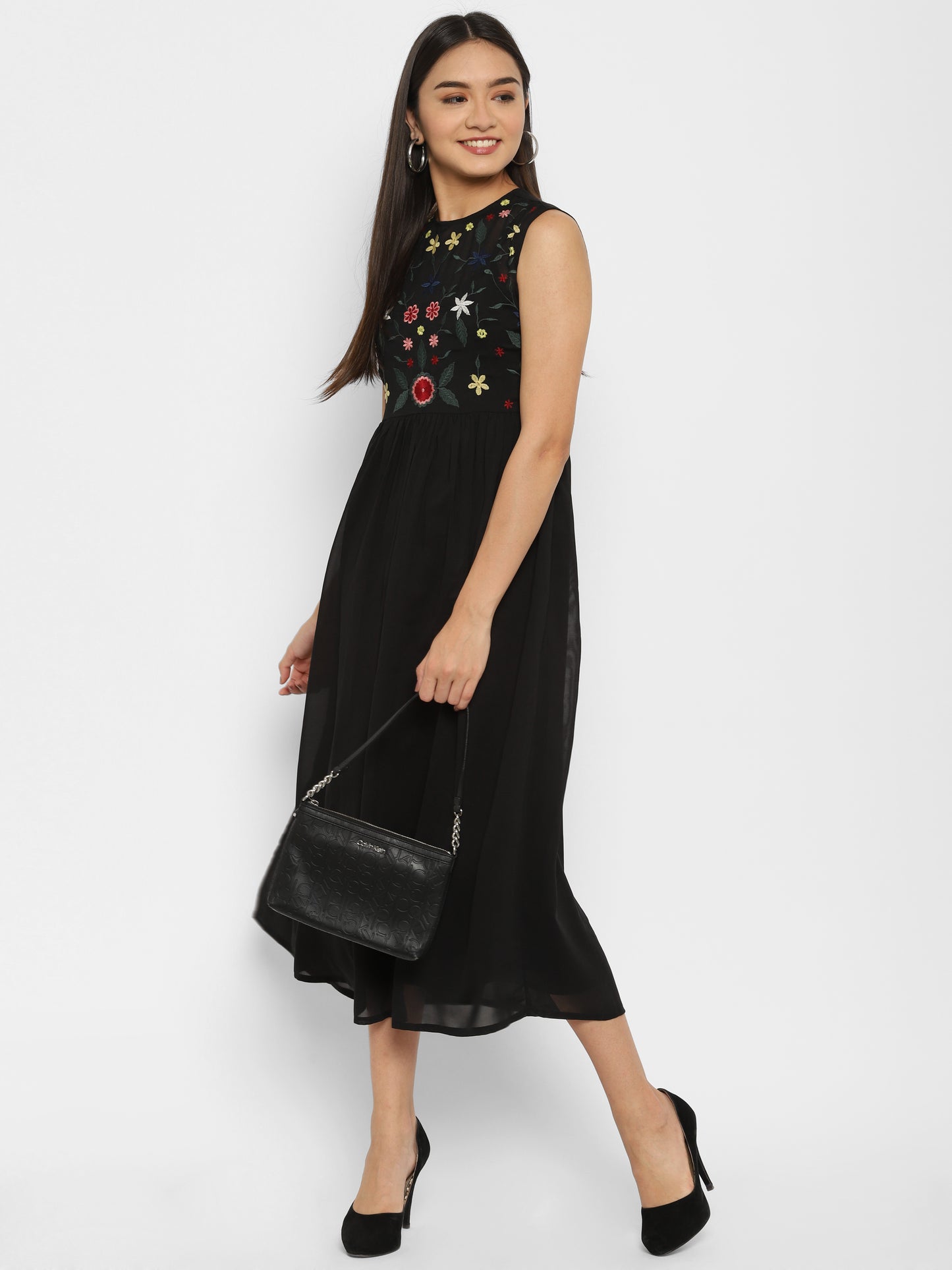 Floral Embroidered Georgette Fit & Flare Midi Dress