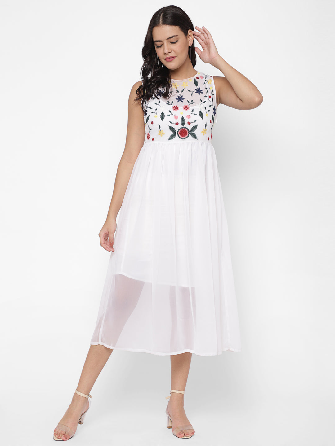 Floral Embroidered Georgette Fit & Flare Midi Dress