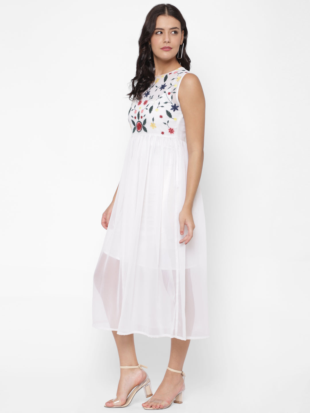 Floral Embroidered Georgette Fit & Flare Midi Dress