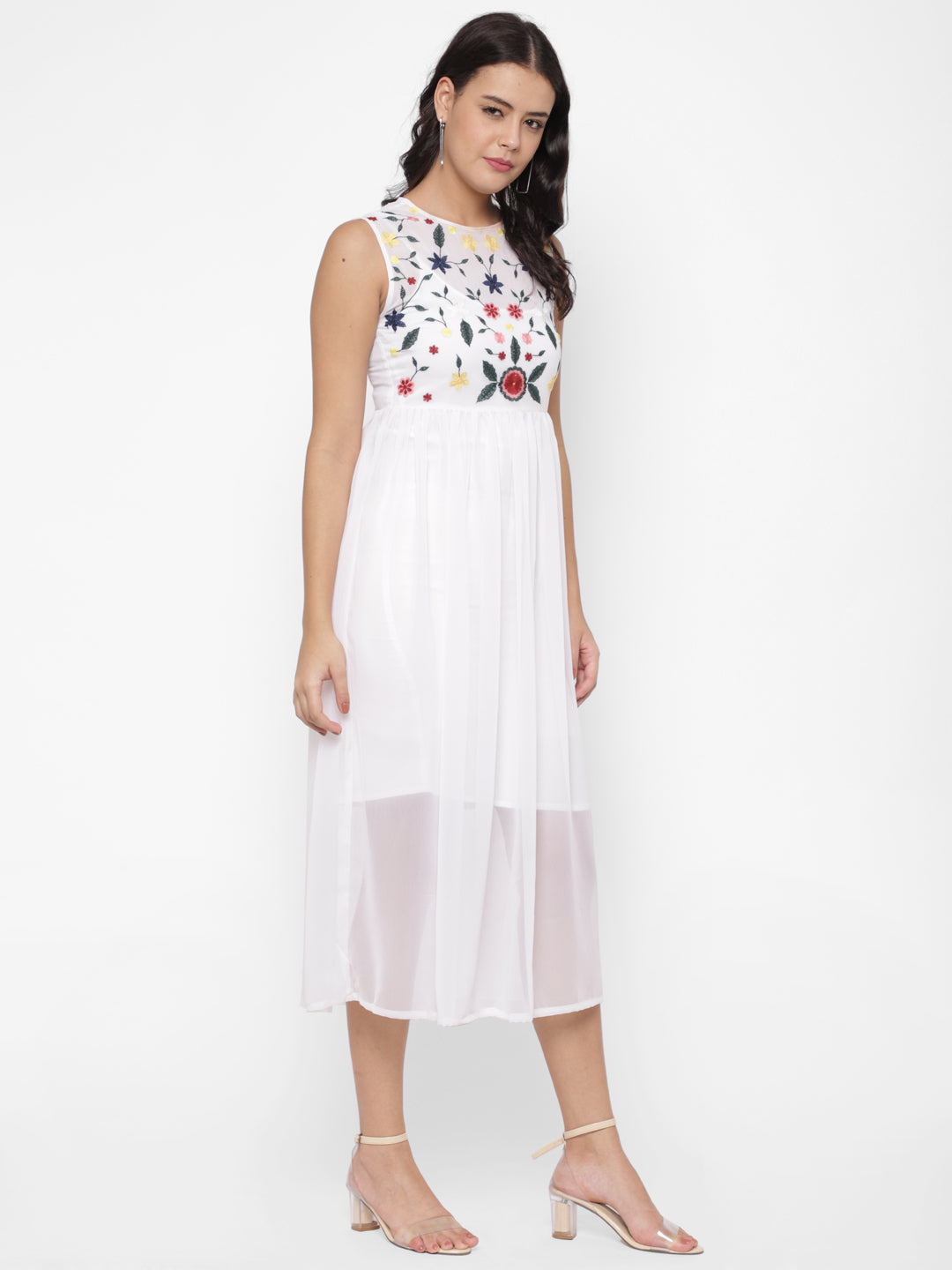 Floral Embroidered Georgette Fit & Flare Midi Dress