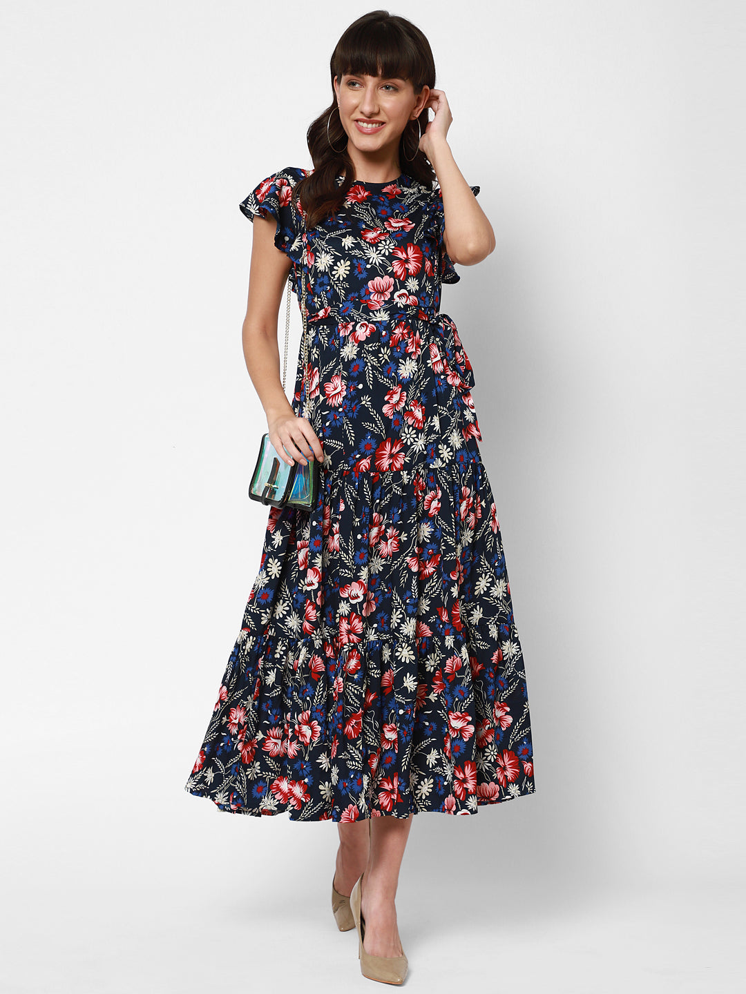 Floral Print Flared Sleeve Crepe Fit & Flare Midi Dress