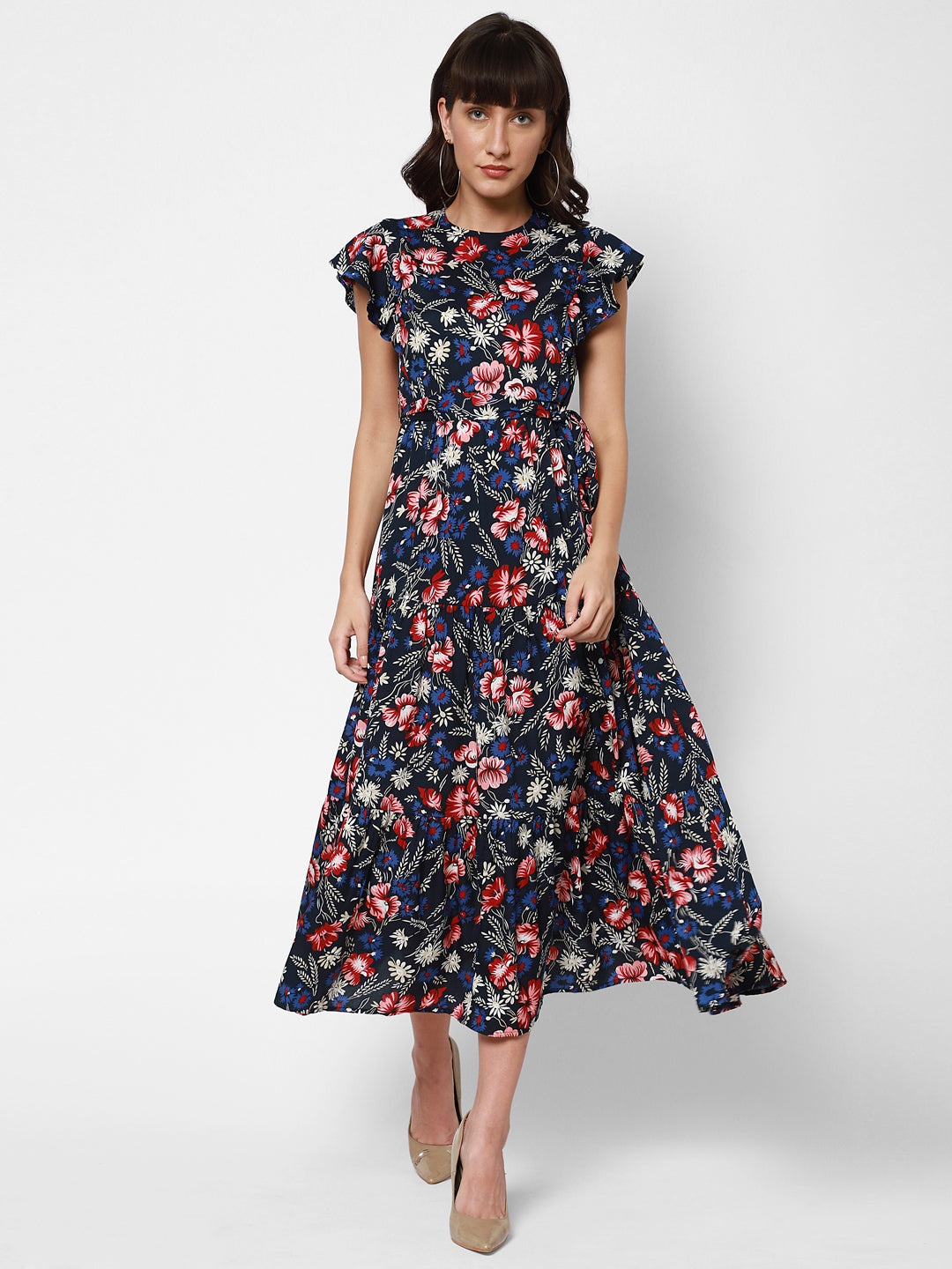 Floral Print Flared Sleeve Crepe Fit & Flare Midi Dress