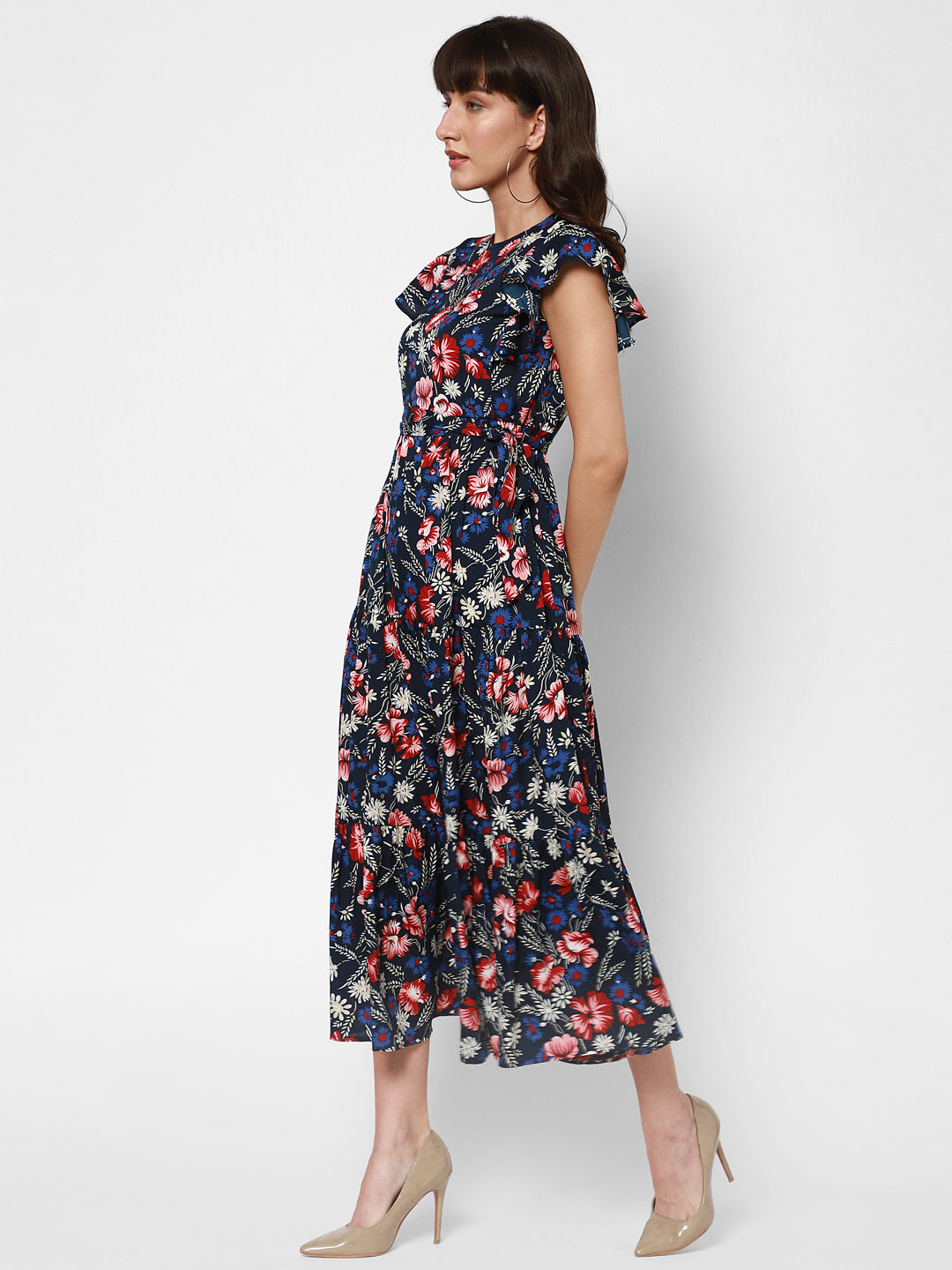 Floral Print Flared Sleeve Crepe Fit & Flare Midi Dress