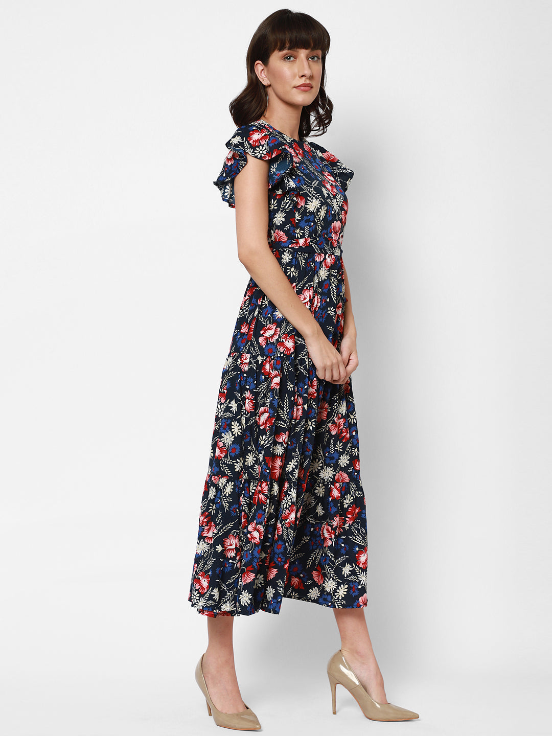 Floral Print Flared Sleeve Crepe Fit & Flare Midi Dress