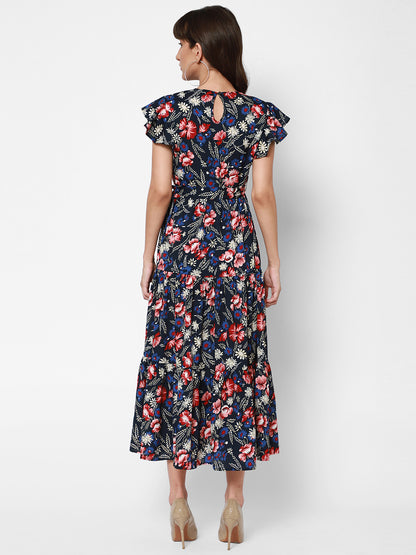 Floral Print Flared Sleeve Crepe Fit & Flare Midi Dress