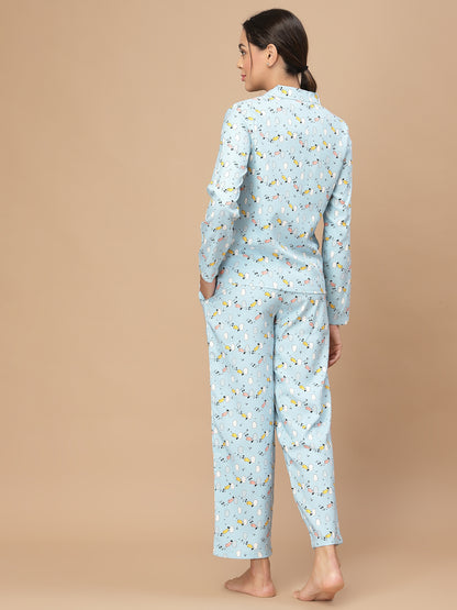 Women Blue Printed Night Suit