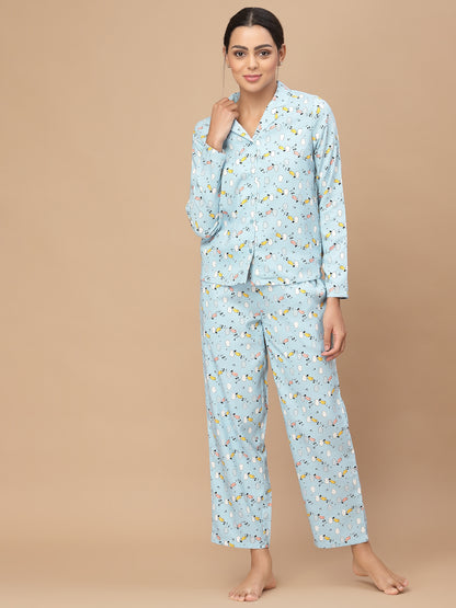 Women Blue Printed Night Suit