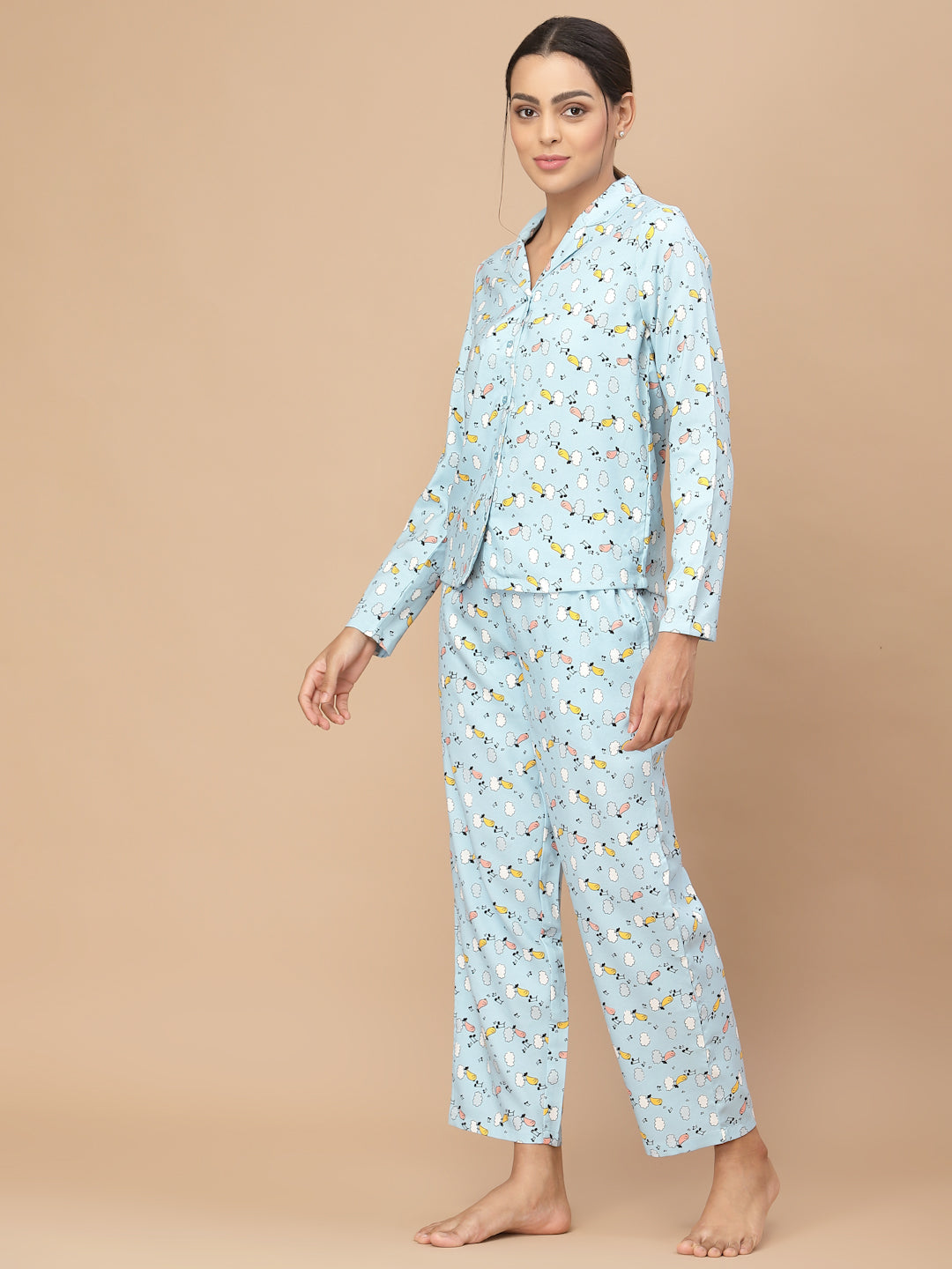 Women Blue Printed Night Suit