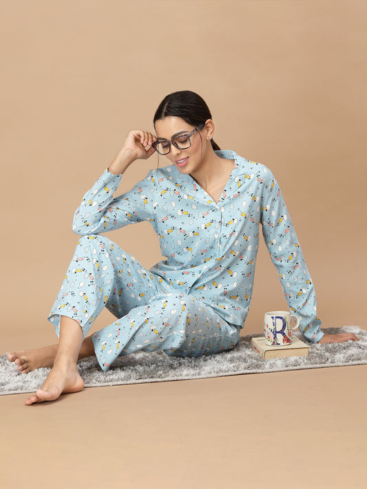 Women Blue Printed Night Suit