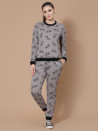 Women Grey & Black Pure Cotton Printed Night suit