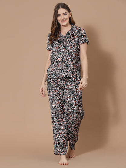 Women Black Printed Night Suit