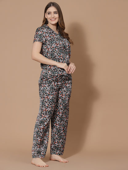 Women Black Printed Night Suit